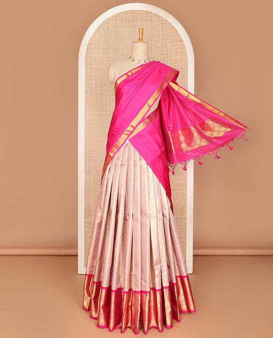 Pink pure-silk half saree, jacquard skirt, contrast border & blouse of rekku,muthu,rettai neli,stripes & kamlam motifs & intricate dhavani