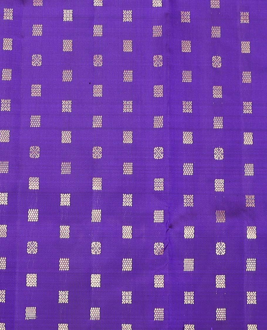 Dark Violet Pure Silk Half-Saree Beautified with Zari Buttas on Its Skirt, Complemented by a Zari Border Featuring Thilakam Mokku, Rettai Nelli, and Mayil Kann Designs, Comes with a Contrast Blouse and a Dhavani of Butta Enclosed Jaal Designs