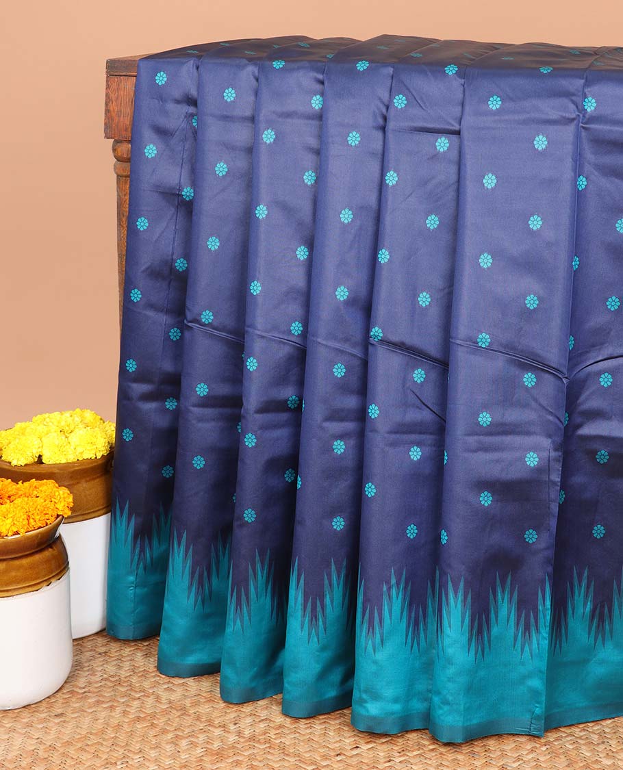 Navy blue with ananda blue thread work butta elite silk saree with floral design border & thread work, floral design blouse