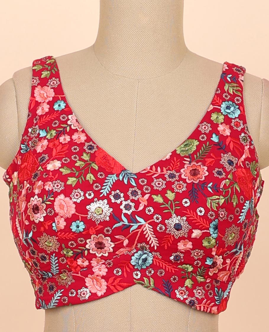 Red floral embroidery front & back deep v-neck raw-silk readymade sleeveless blouse
