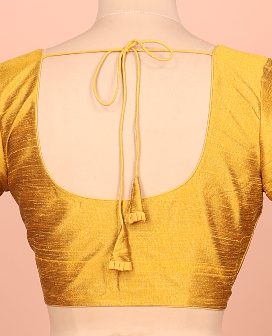 Yellow Plain Readymade Blouse Featuring a Front Round-Neck, Back Round-Neck, and Half-Sleeve