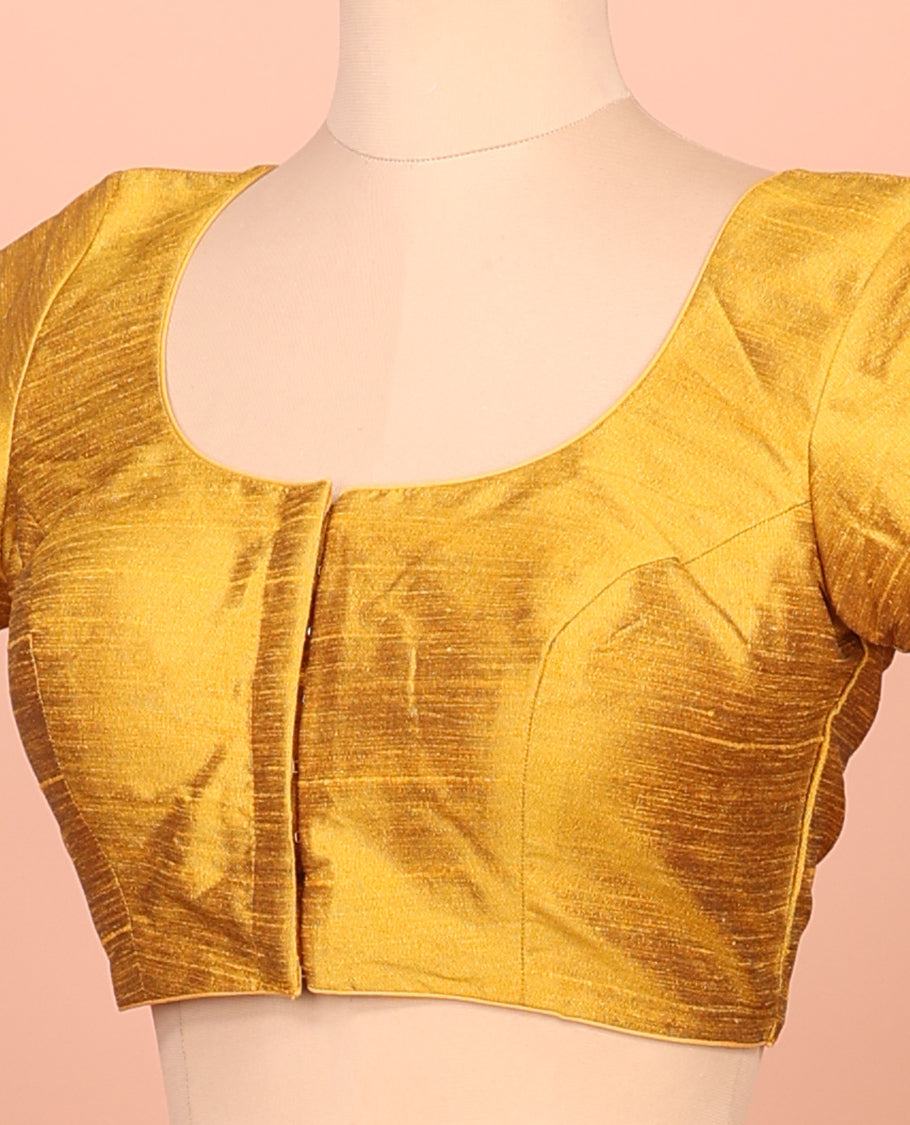 Yellow Plain Readymade Blouse Featuring a Front Round-Neck, Back Round-Neck, and Half-Sleeve