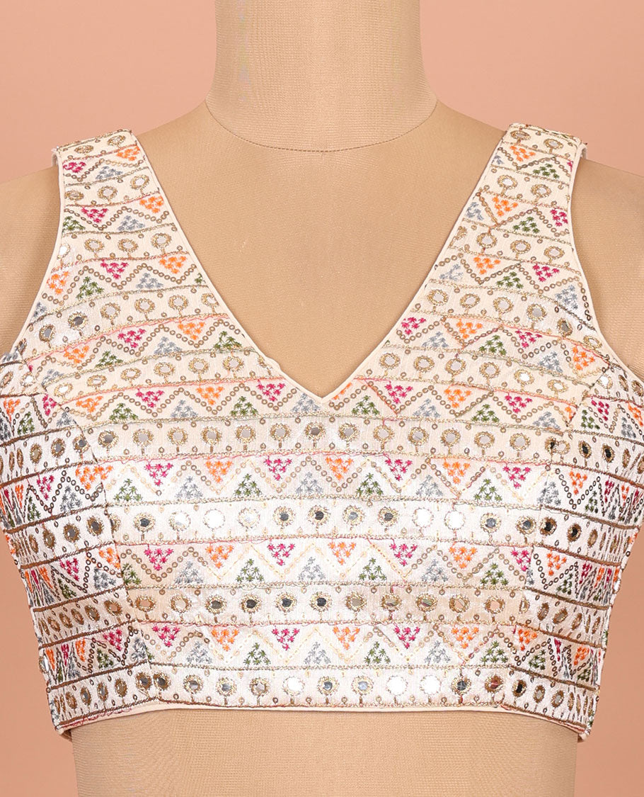 Cream colorful geometric motifs thread embroidered front-back v-neck sleeveless readymade blouse