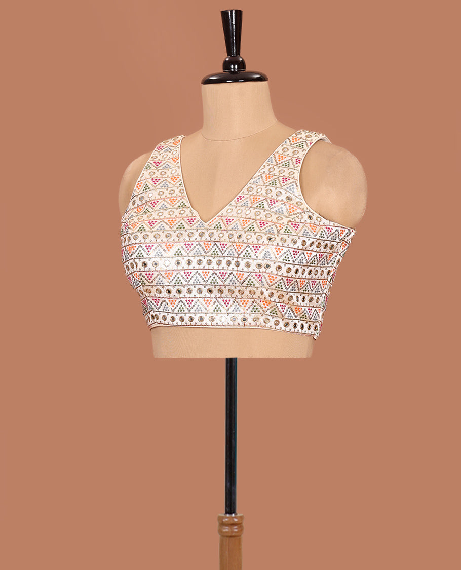 Cream colorful geometric motifs thread embroidered front-back v-neck sleeveless readymade blouse
