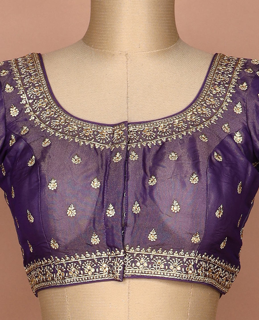 Purple thread and sequins embroidered round neck elbow sleeve raw silk readymade blouse