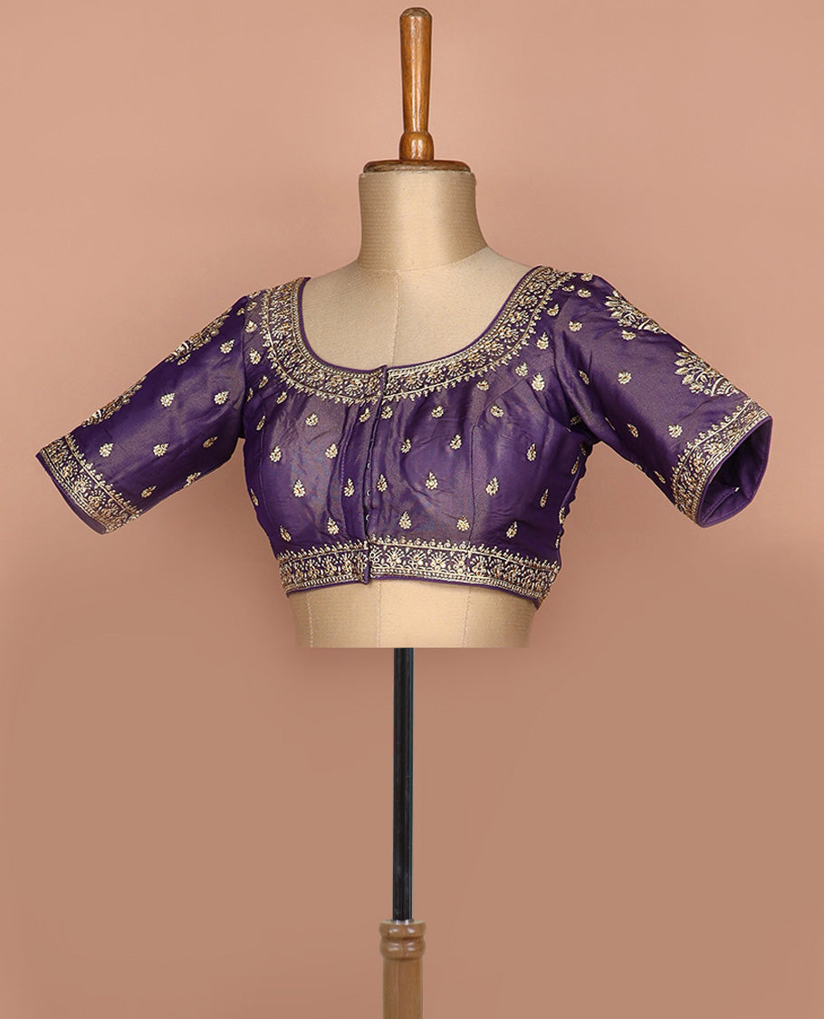 Purple thread and sequins embroidered round neck elbow sleeve raw silk readymade blouse