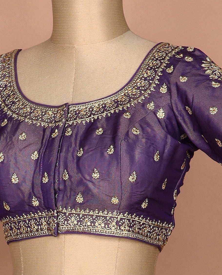 Purple thread and sequins embroidered round neck elbow sleeve raw silk readymade blouse
