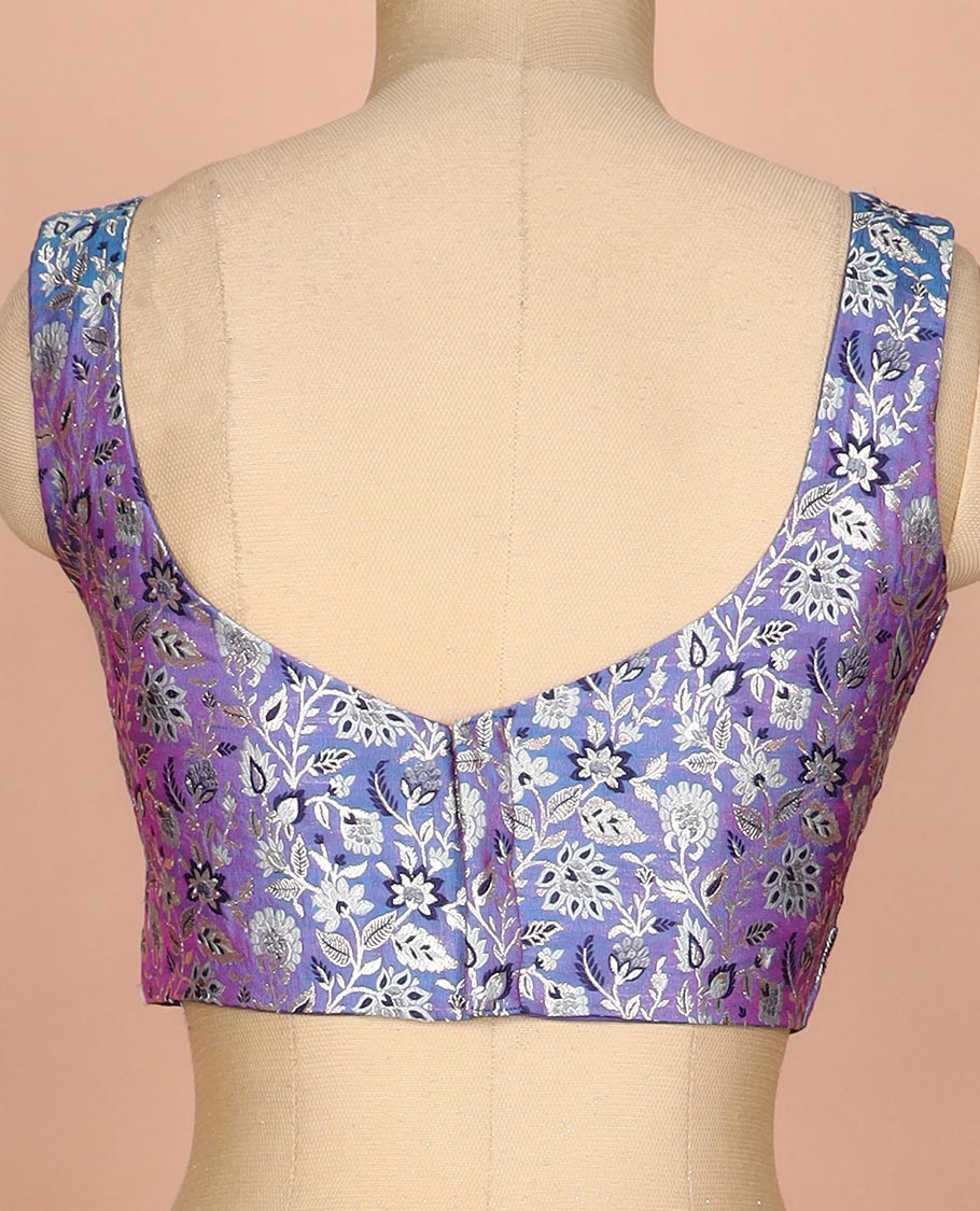 Blue dual-toned floral jaal jacquard sweet-heart neck thick strapped sleeveless banarasi readymade blouse