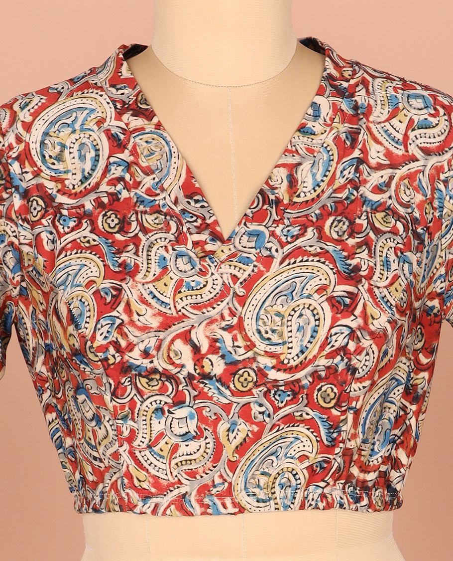 Red-base Readymade Blouse Elegantly Printed with Floral-Paisley Vine, Featuring a Front V-Neck, a Back Closed Neck, and Full Sleeves