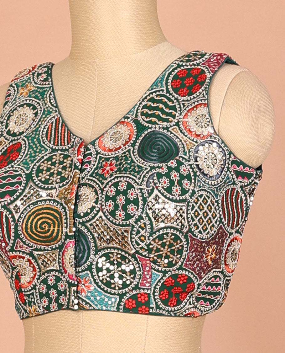 Green circle motifs intricately thread & sequins embroidered leaf-neck sleeveless readymade blouse