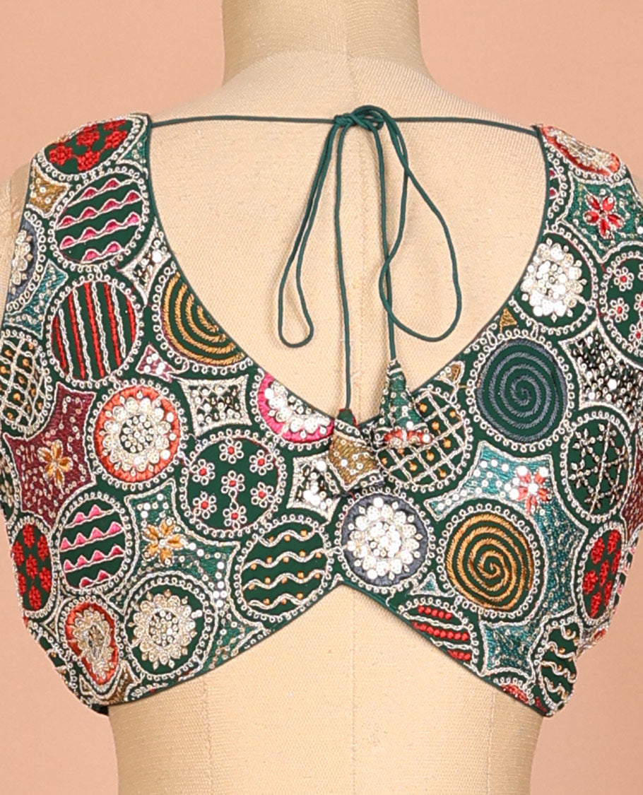 Green circle motifs intricately thread & sequins embroidered leaf-neck sleeveless readymade blouse