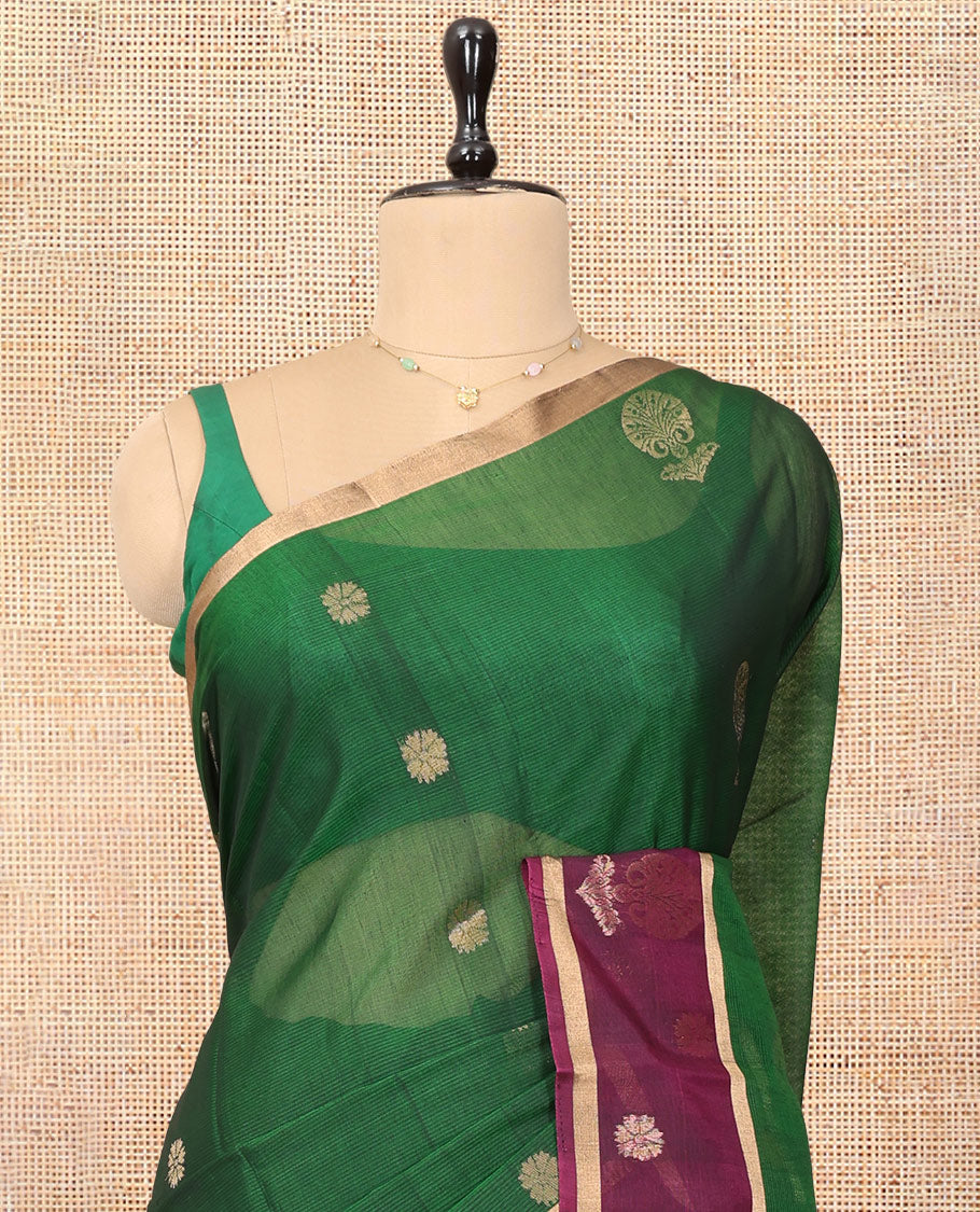 Green Cotton Saree, Enriched with Floral Buttas, a Contrast One-Side Big Floral Zari Butta Border, a Jaal Pallu, and a Contrast Blouse