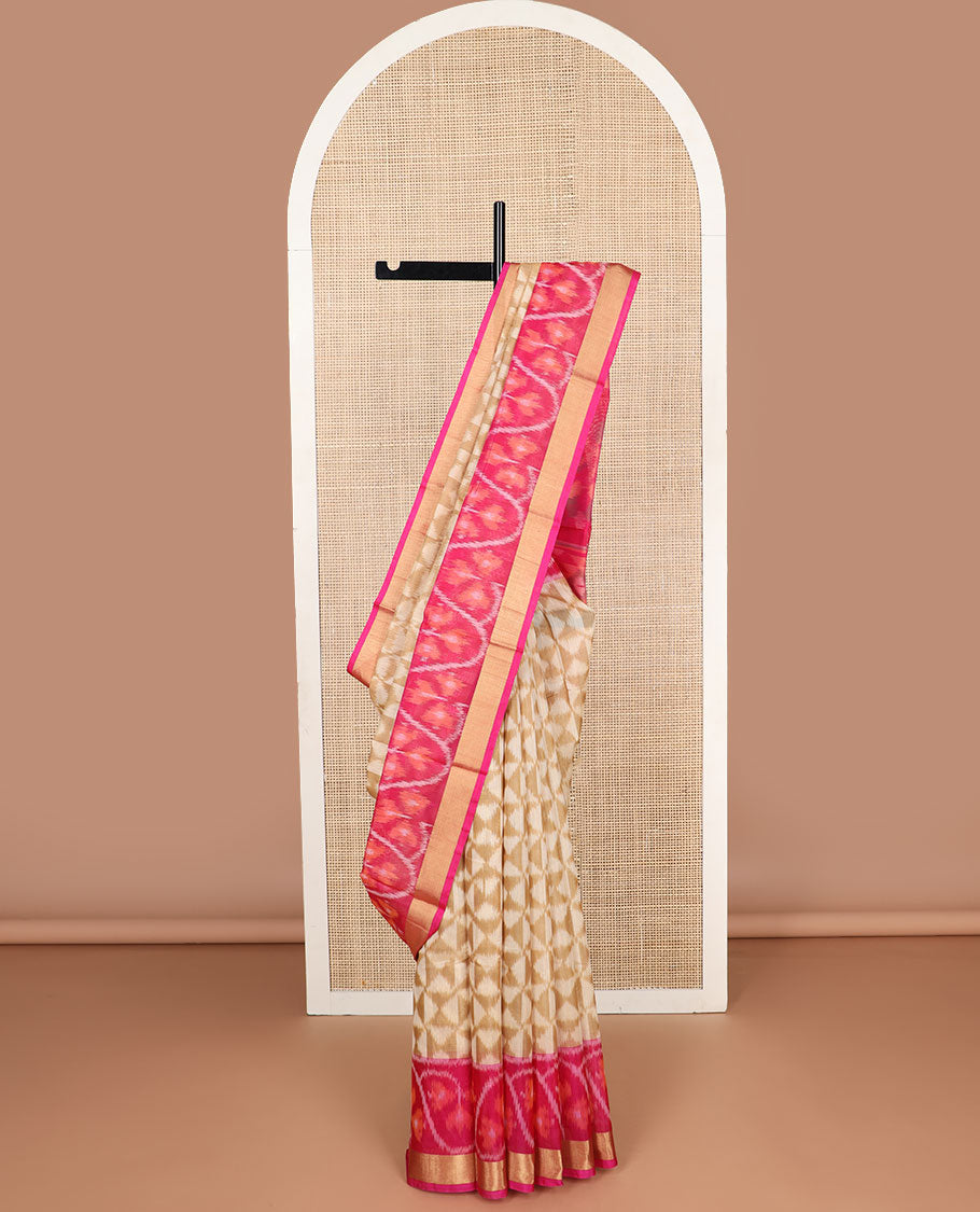 Cream geometric design silk cotton saree with contrast floral design & ikkat style floral design pallu
