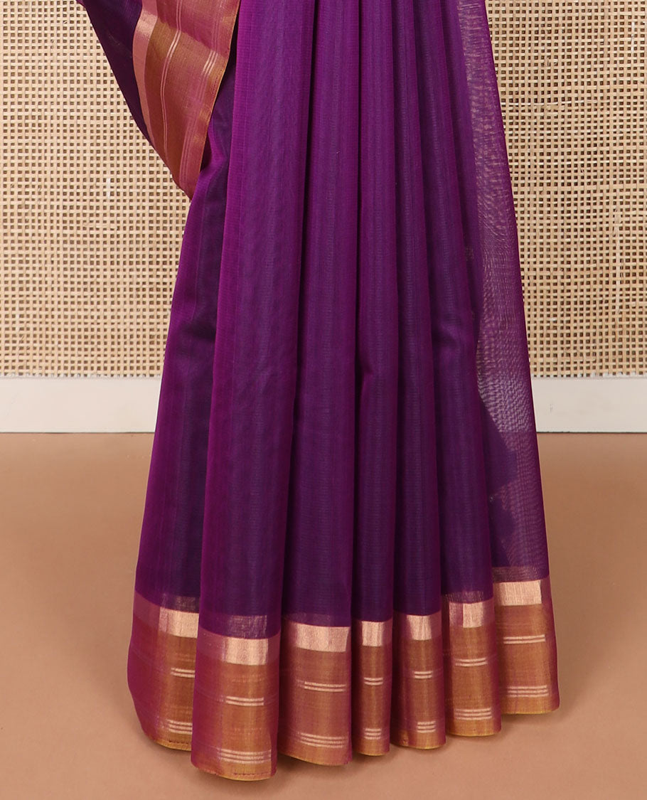 Purple floral motifs silk cotton saree with contrast zari border & floral design pallu