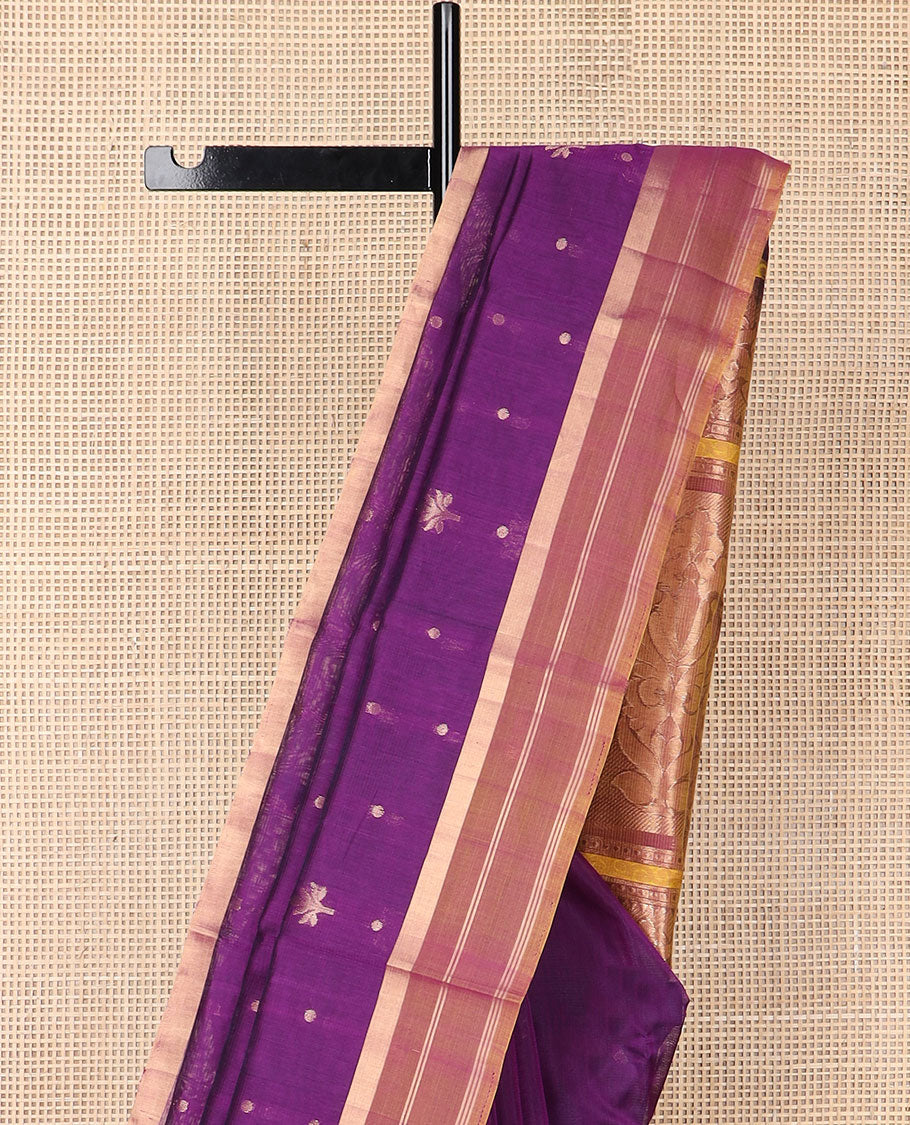 Purple floral motifs silk cotton saree with contrast zari border & floral design pallu