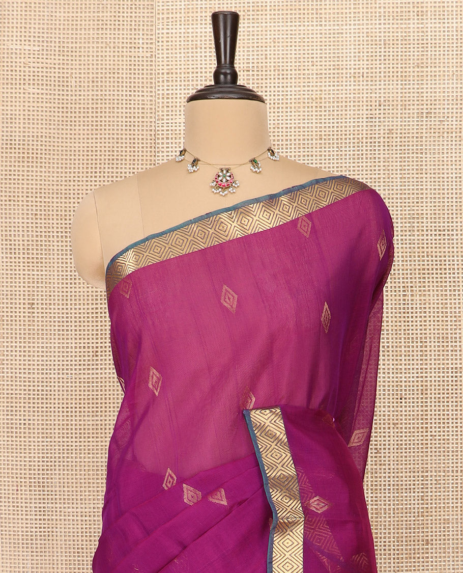 Rani Pink Silk Cotton Saree Subtly Sparkled with Diamond Buttas All Over the Body, Highlighted with Contrast Diamond Patterned Border, Contrast Pallu Elevated with Intricate Design, and Paired with a Contrast Blouse