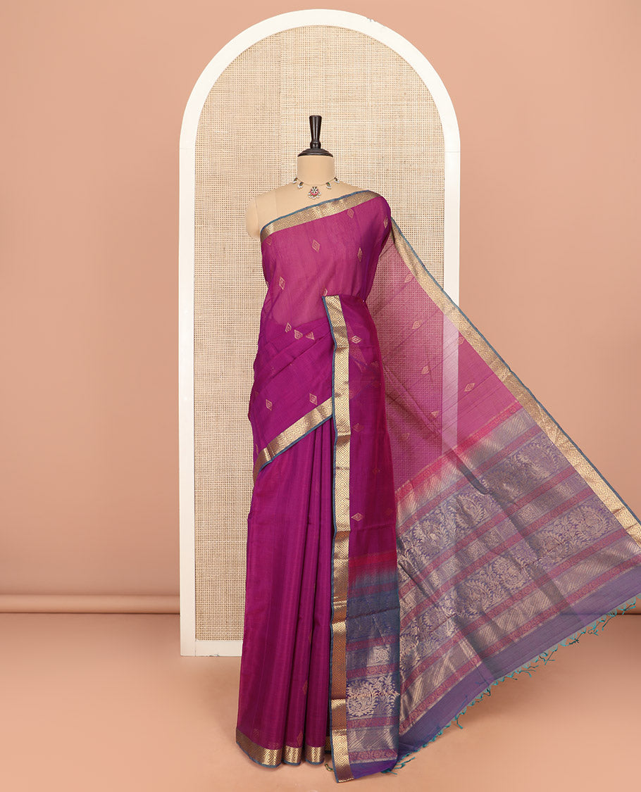 Rani Pink Silk Cotton Saree Subtly Sparkled with Diamond Buttas All Over the Body, Highlighted with Contrast Diamond Patterned Border, Contrast Pallu Elevated with Intricate Design, and Paired with a Contrast Blouse