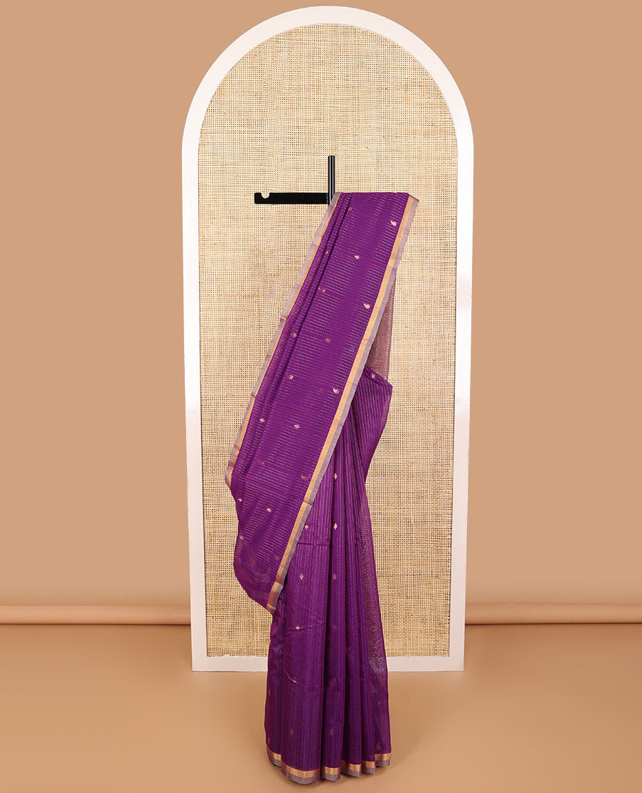 Purple checked , floral design silk cotton saree with contrast zari border & intricate zari design pallu