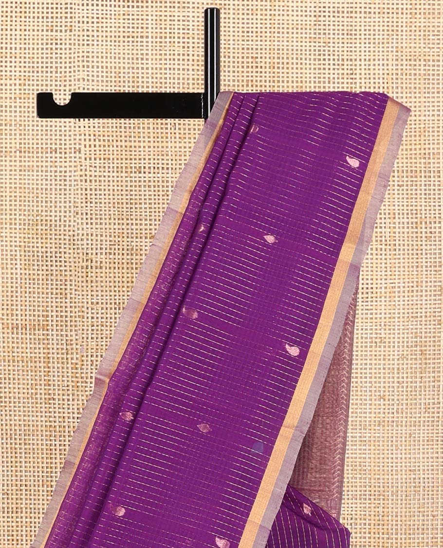 Purple checked , floral design silk cotton saree with contrast zari border & intricate zari design pallu