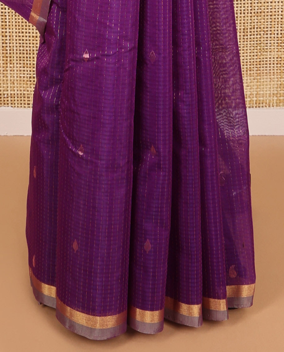 Purple checked , floral design silk cotton saree with contrast zari border & intricate zari design pallu