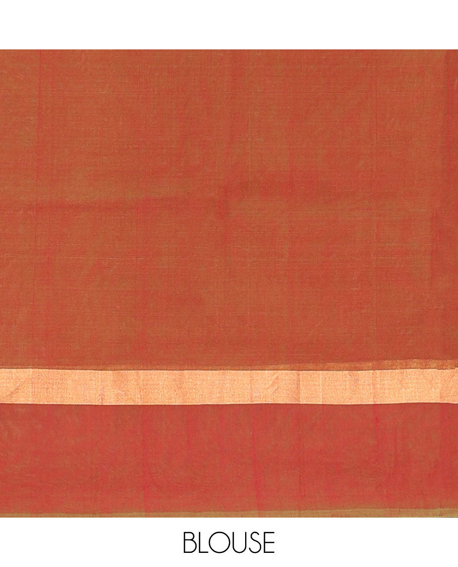 Red floral creeper and zari buttas silk cotton saree, contrast zari buttas border, and zari floral diamond patterned pallu