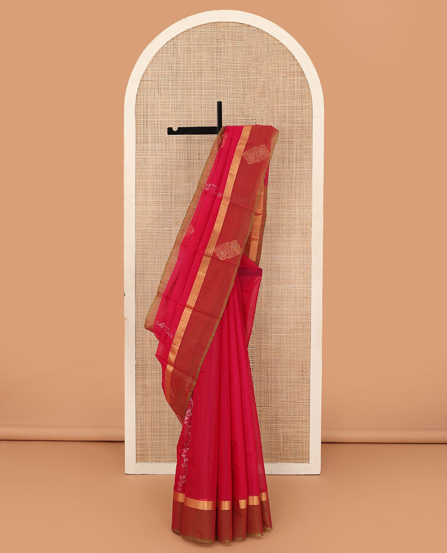Red floral creeper and zari buttas silk cotton saree, contrast zari buttas border, and zari floral diamond patterned pallu