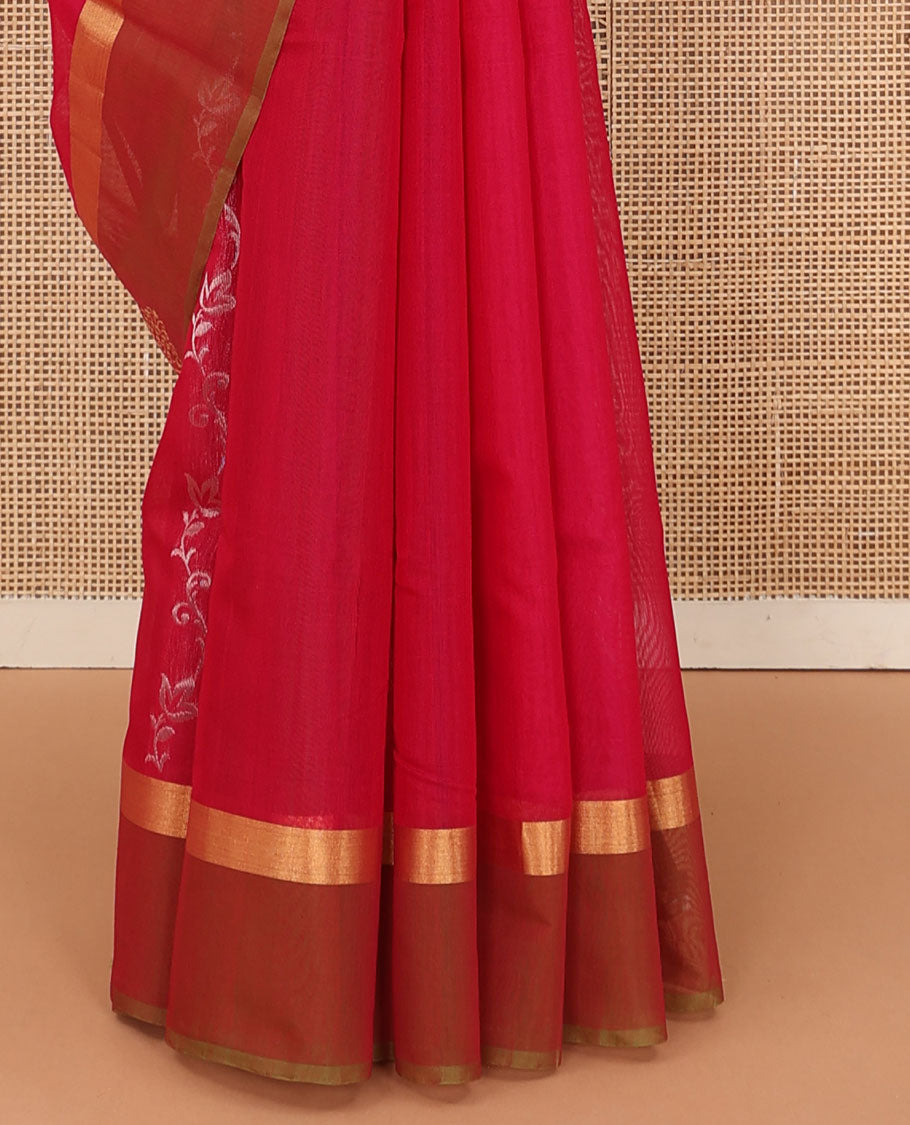 Red floral creeper and zari buttas silk cotton saree, contrast zari buttas border, and zari floral diamond patterned pallu