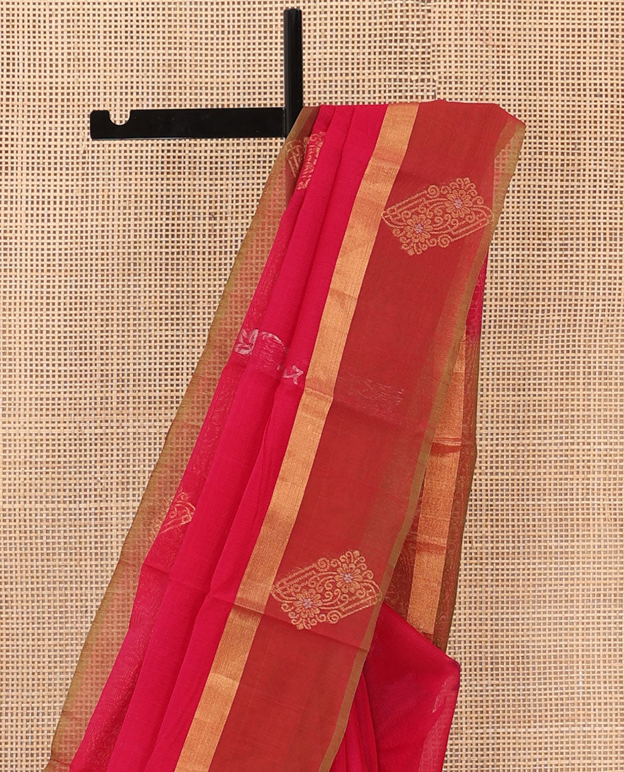Red floral creeper and zari buttas silk cotton saree, contrast zari buttas border, and zari floral diamond patterned pallu