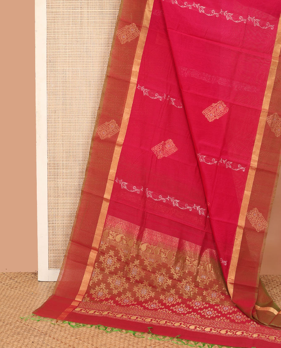 Red floral creeper and zari buttas silk cotton saree, contrast zari buttas border, and zari floral diamond patterned pallu