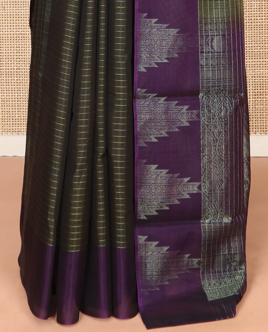 Green Silk Cotton Saree, Embellished with Stripes and Checks, Complemented by a Contrast Temple Border, Intricately Designed Pallu, and a Contrast Blouse