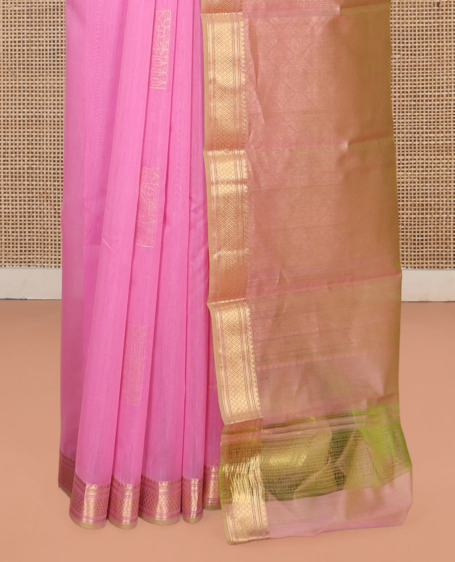 Pink Silk Cotton Saree, Sparsely Woven with Geometric Buttas All Over Its Body, Highlighted by Traditional Zari Designs Woven Border, Intricately Designed Pallu and Paired with a Matching Blouse