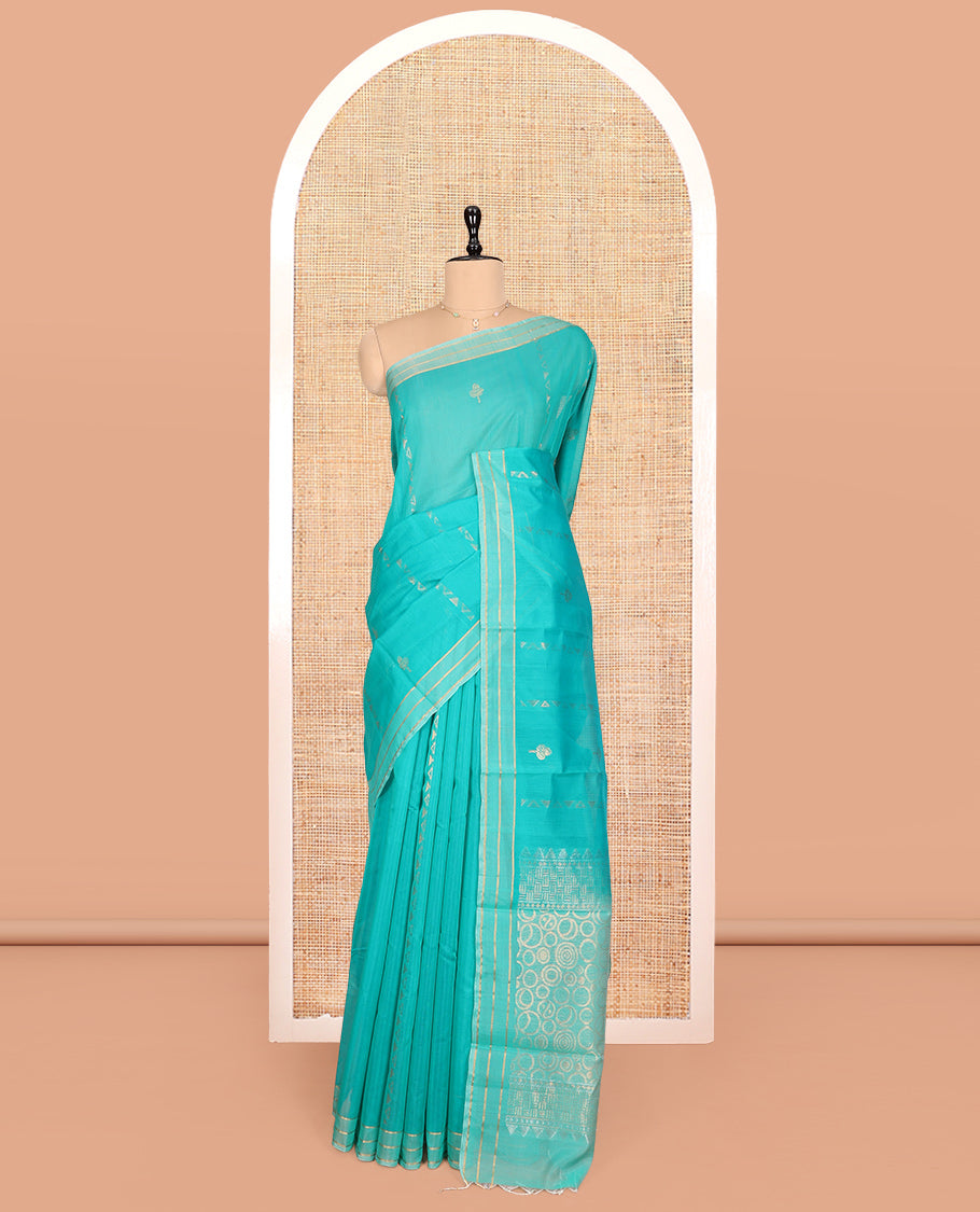 Turquoise Silk Cotton Saree, Delicately Woven with Zari Buttas, Zari Striped Border, Geometric Patterned Pallu, and a Matching Blouse