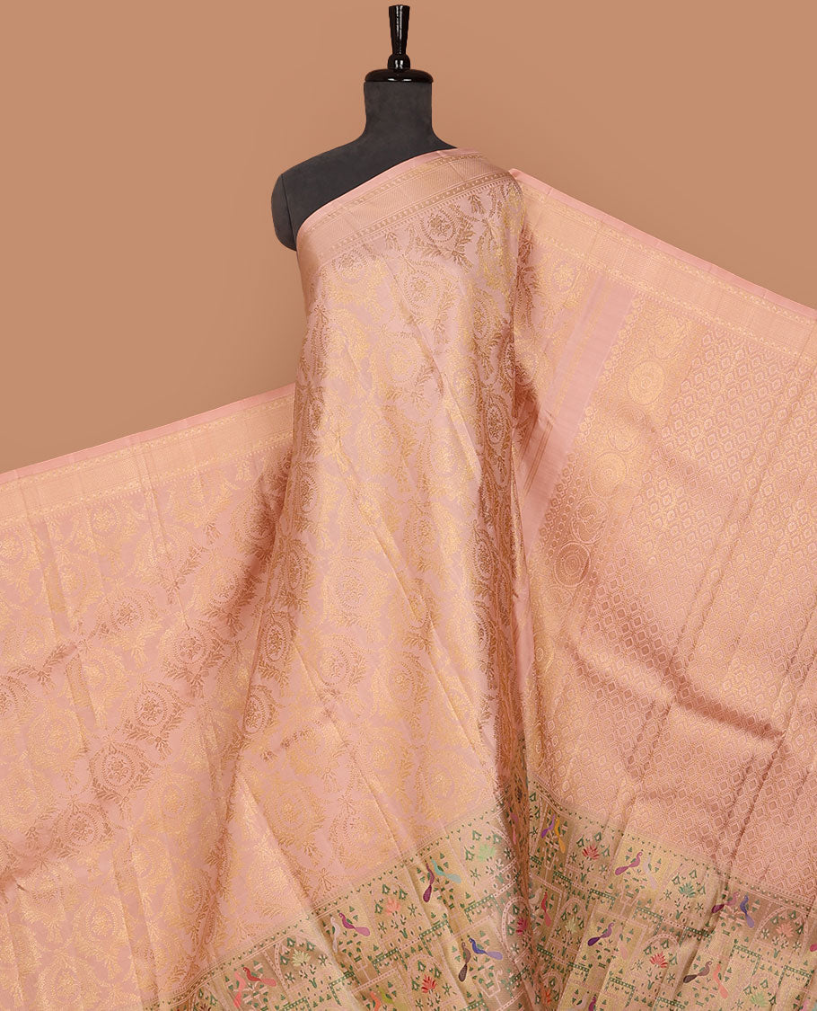 Peach zari jacquard silk saree, paithani-style bird & tree motifs, resham meenakari thread border & zari jaal pallu