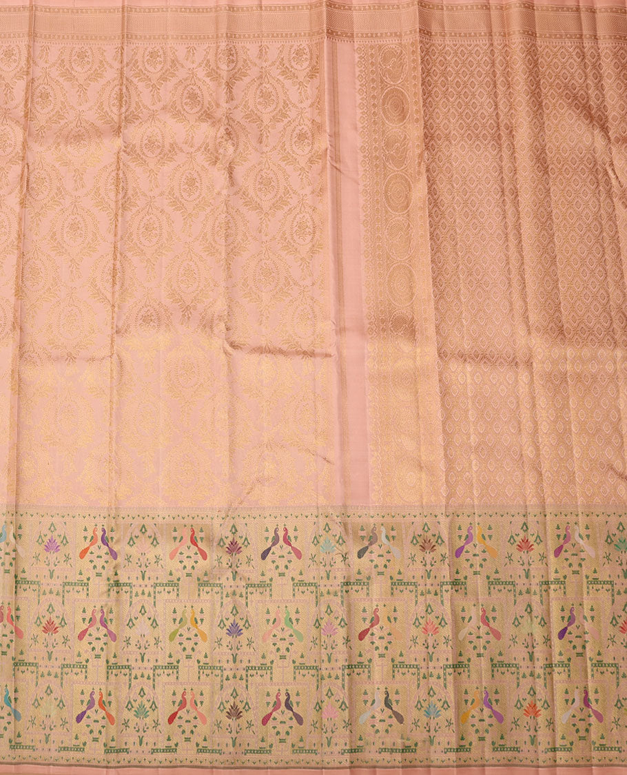Peach zari jacquard silk saree, paithani-style bird & tree motifs, resham meenakari thread border & zari jaal pallu