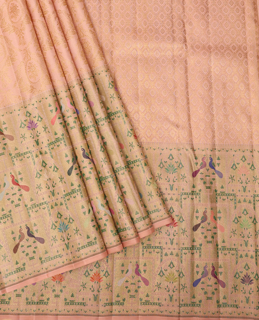 Peach zari jacquard silk saree, paithani-style bird & tree motifs, resham meenakari thread border & zari jaal pallu