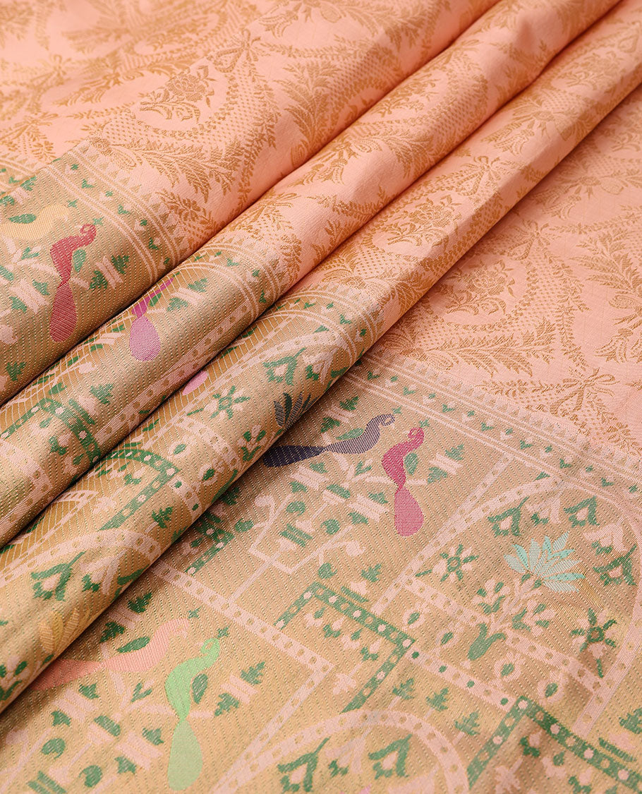 Peach zari jacquard silk saree, paithani-style bird & tree motifs, resham meenakari thread border & zari jaal pallu