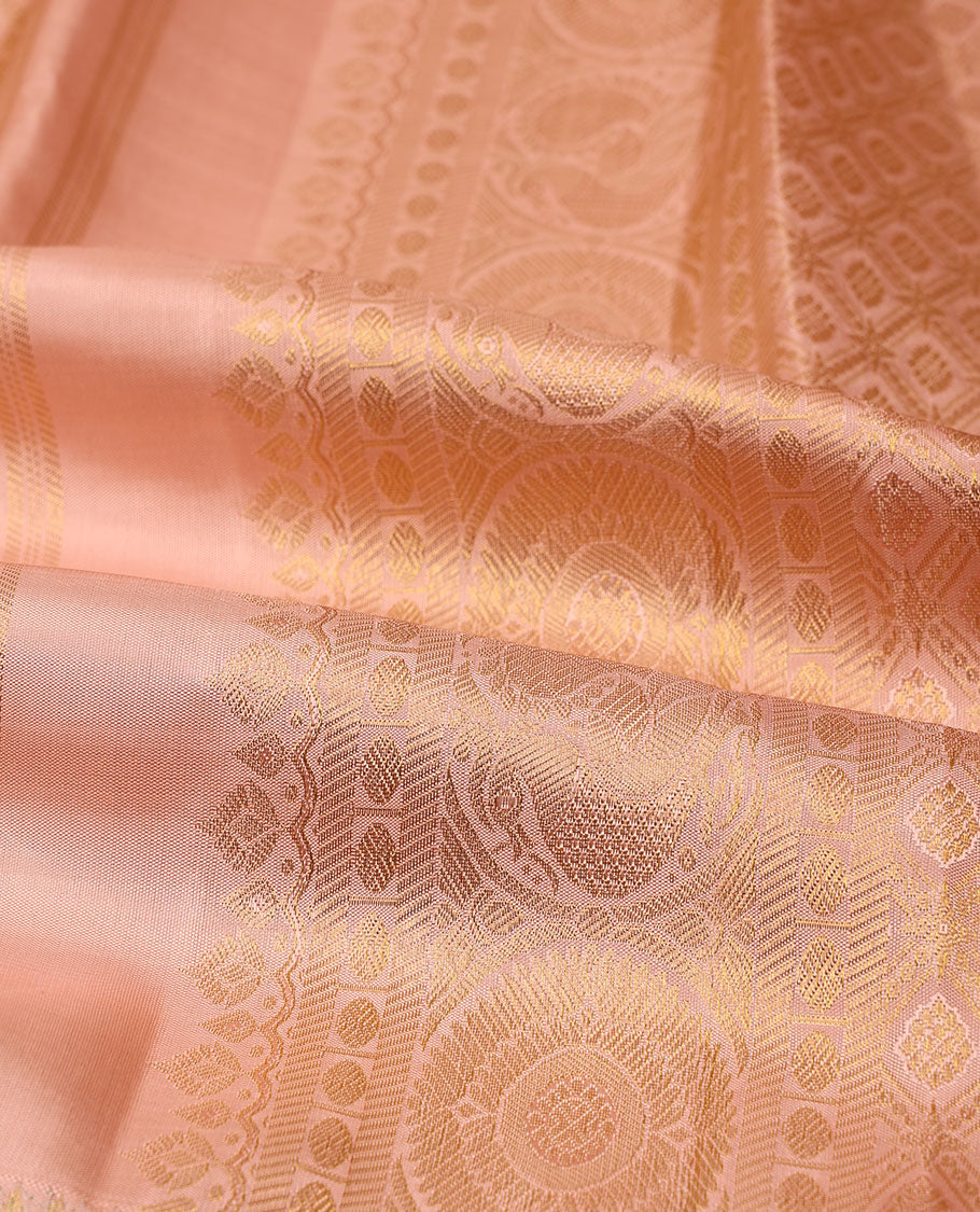 Peach zari jacquard silk saree, paithani-style bird & tree motifs, resham meenakari thread border & zari jaal pallu