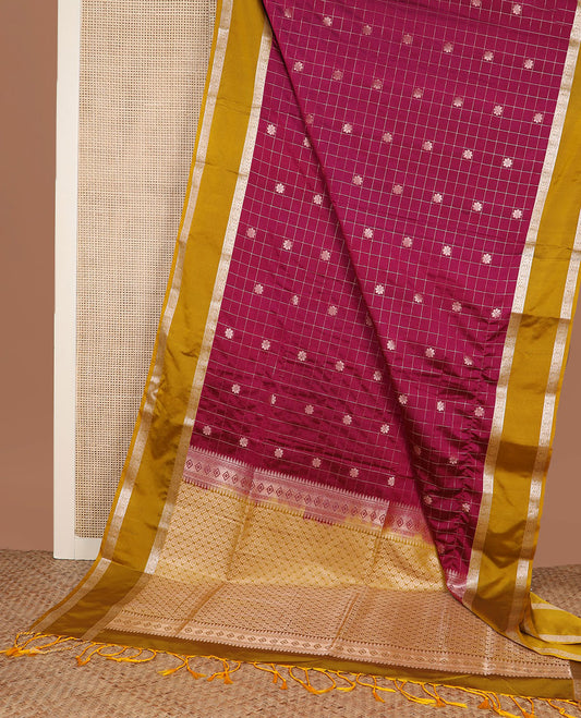 Purple flower buttas enclosed zari checked soft silk saree, contrast traditional zari rettai pettu border, and jaal pallu