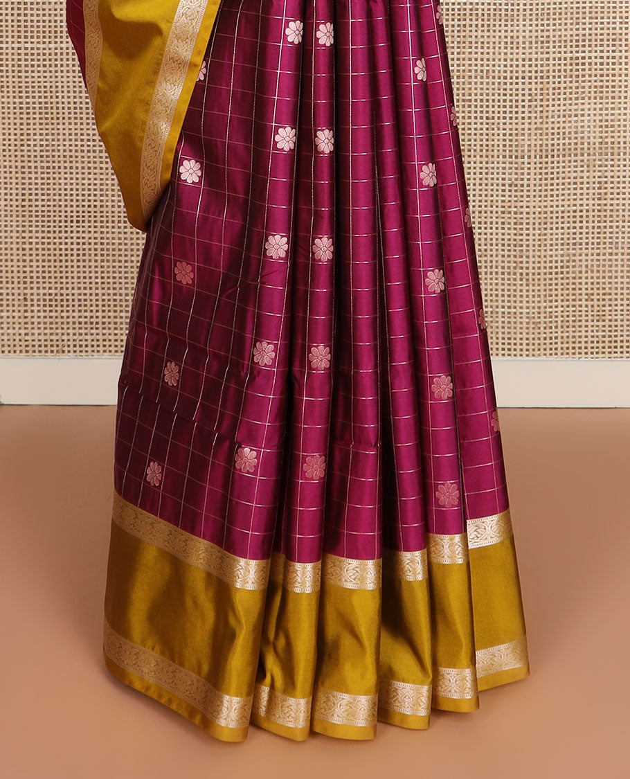 Purple flower buttas enclosed zari checked soft silk saree, contrast traditional zari rettai pettu border, and jaal pallu