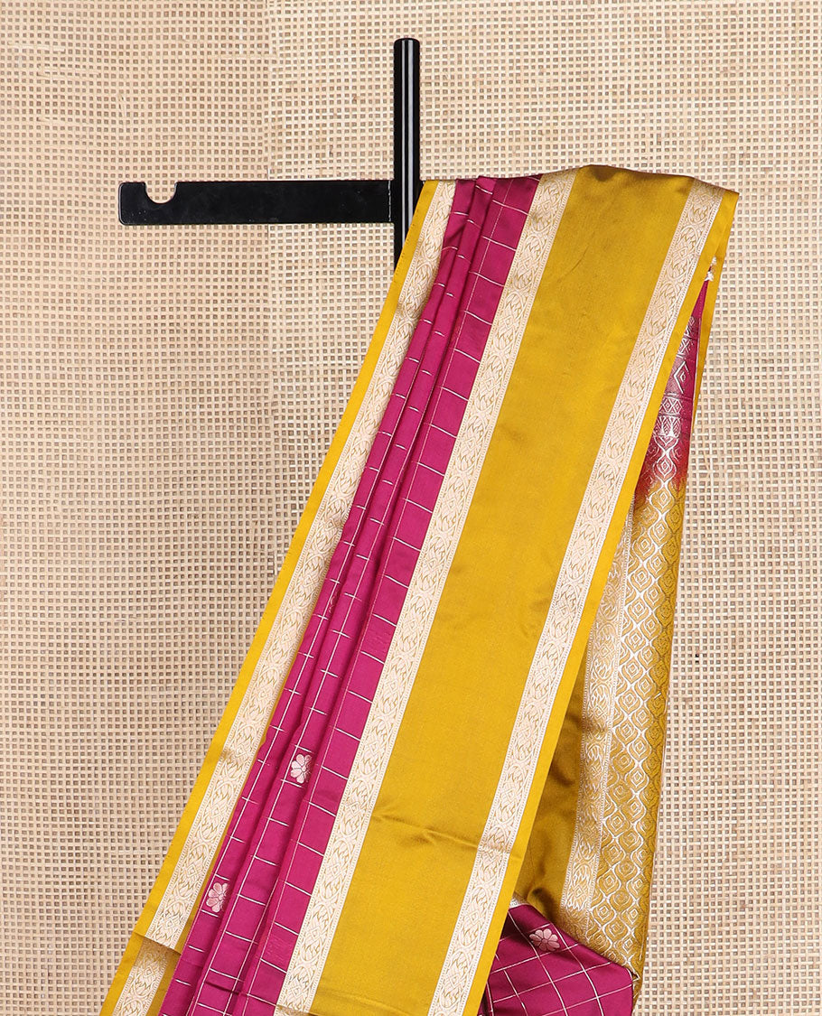 Purple flower buttas enclosed zari checked soft silk saree, contrast traditional zari rettai pettu border, and jaal pallu