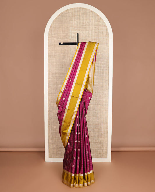 Purple flower buttas enclosed zari checked soft silk saree, contrast traditional zari rettai pettu border, and jaal pallu