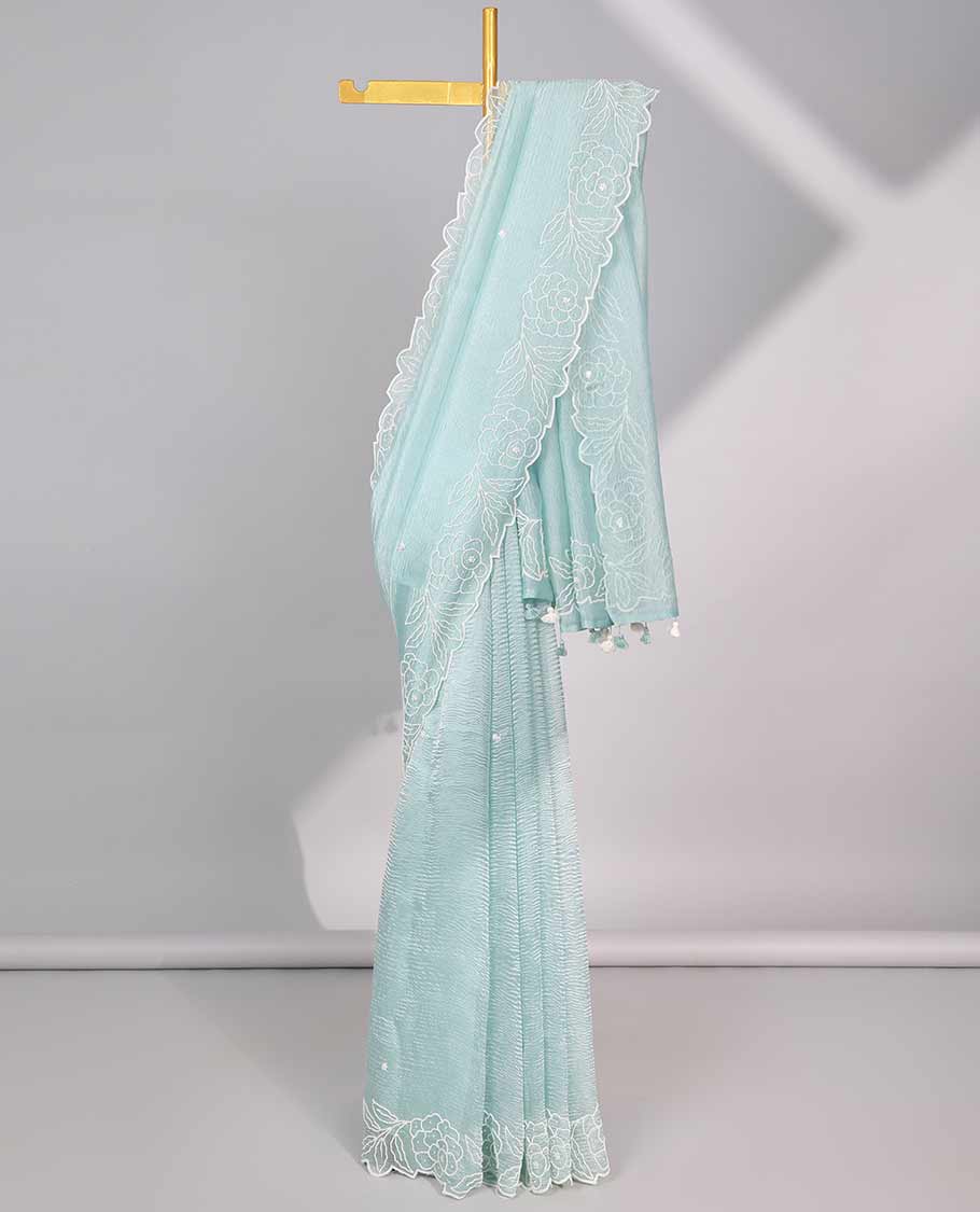 Light blue floral bead embroidery tissue saree with floral scallop bead embroidery border