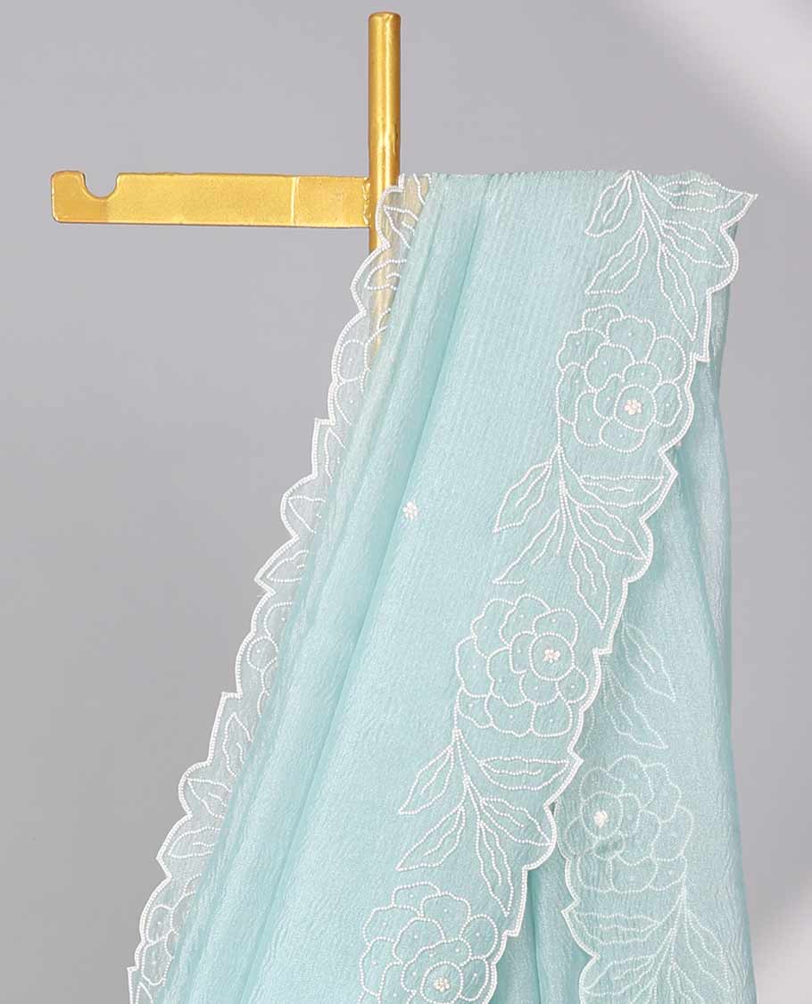 Light blue floral bead embroidery tissue saree with floral scallop bead embroidery border