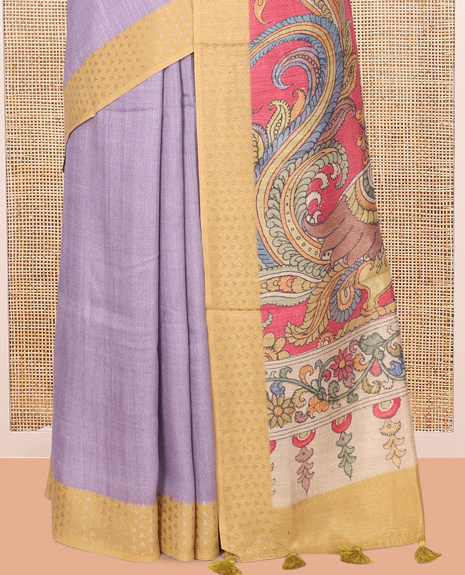 Lavender Plain Fancy Tussar Silk Saree, Contrast Triangle Motif Border, Pallu of Kalamkari Peacock Motifs, and Contrast Kalamkari Printed Blouse