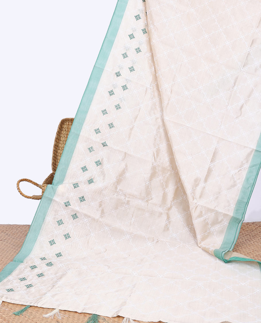 Cream argyle thread embroidery semi- banaras tussar saree with contrast plain border & floral motifs, checked design pallu
