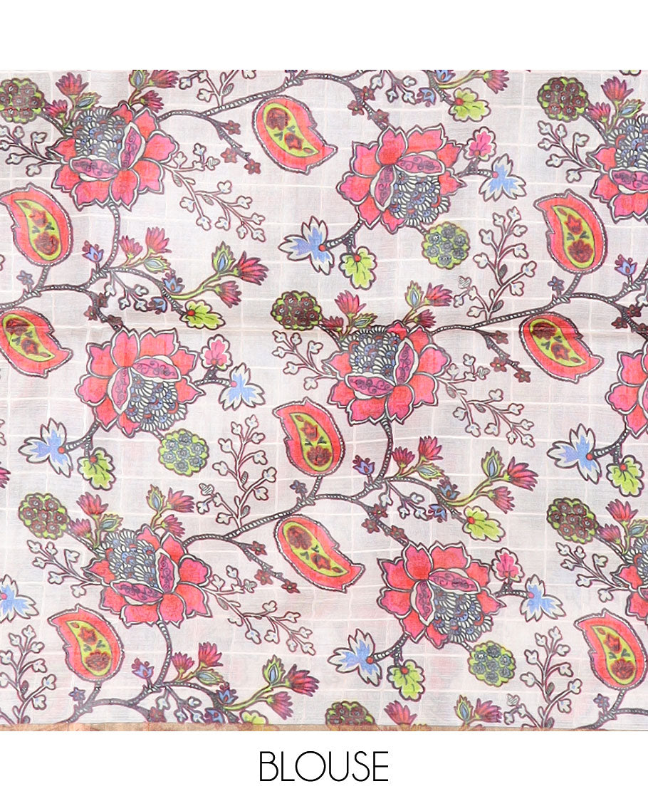 Multi-hue checked ombre-colored tussar silk saree, contrast plain border, and kaleidoscopic-colored floral vine printed pallu