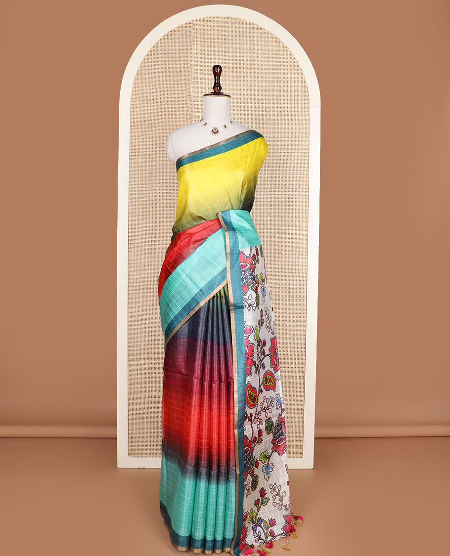 Multi-hue checked ombre-colored tussar silk saree, contrast plain border, and kaleidoscopic-colored floral vine printed pallu
