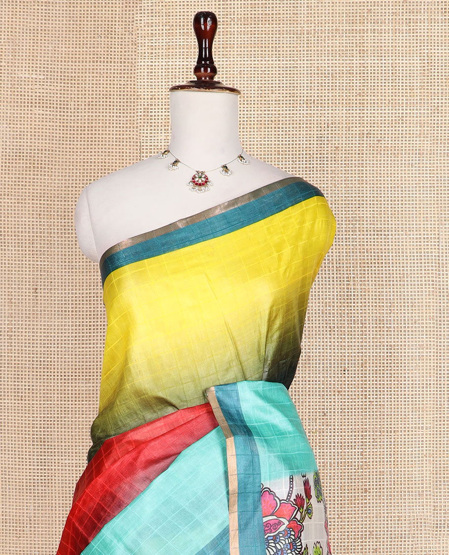 Multi-hue checked ombre-colored tussar silk saree, contrast plain border, and kaleidoscopic-colored floral vine printed pallu