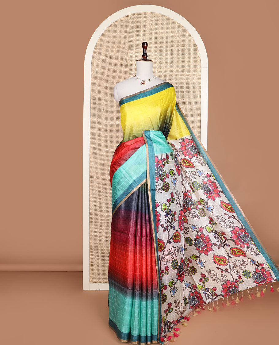 Multi-hue checked ombre-colored tussar silk saree, contrast plain border, and kaleidoscopic-colored floral vine printed pallu