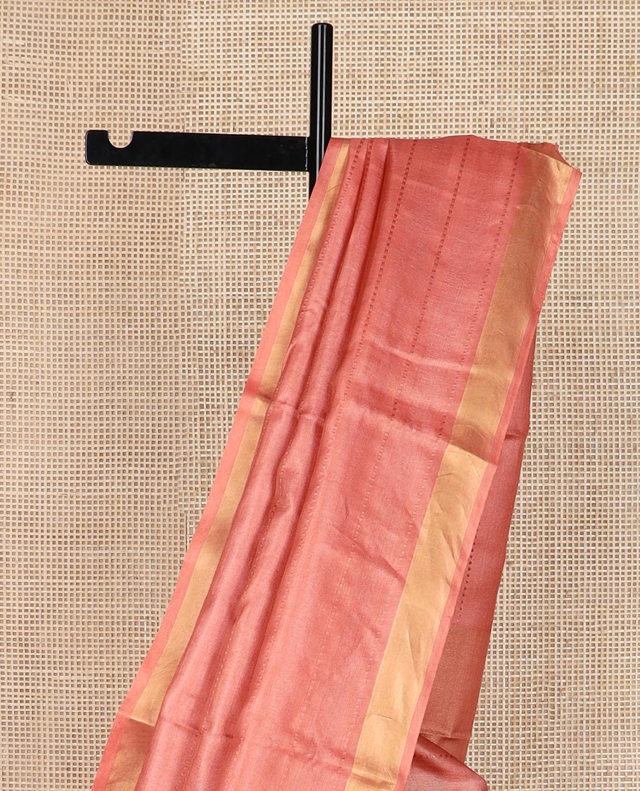 Peach horizontal striped tussar silk saree, zari border and horizontal striped pallu